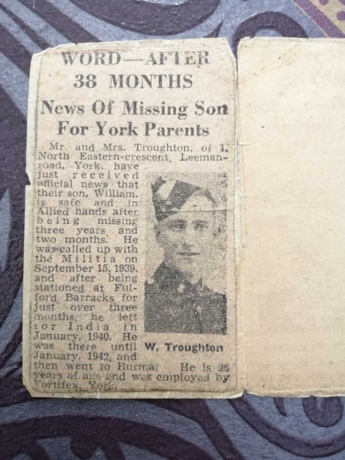 Newspaper clipping headlined Word after 38 months: news of missing son for York parents, with a photograph of Bill Troughton.