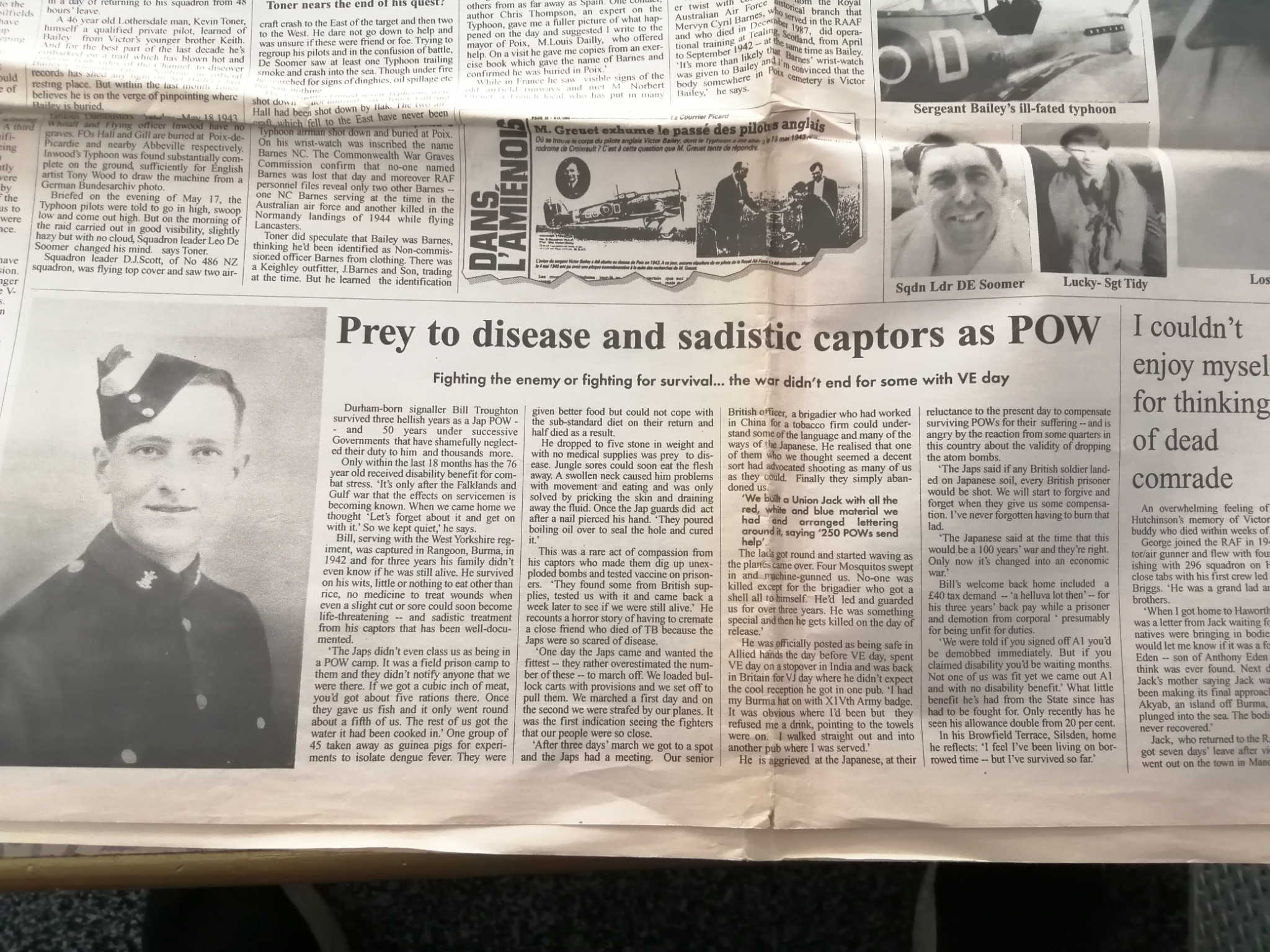 Newspaper feature headed Prey to disease and sadistic captors as POW, including an interview with Bill Troughton.