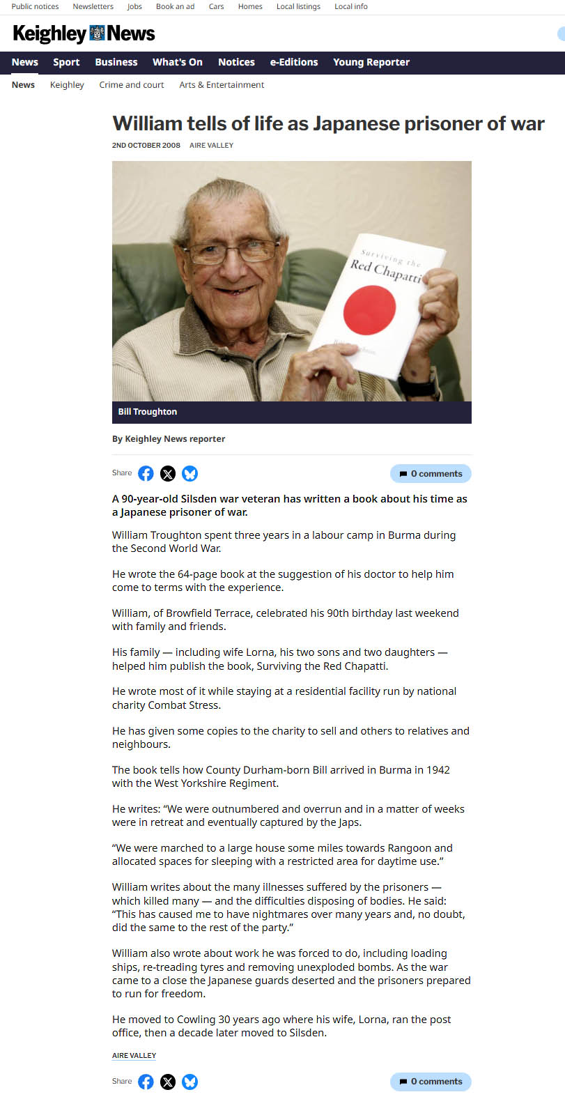 A Keighley News article of 2 October 2008 headlined “William tells of life as Japanese prisoner of war”, with a photograph of Bill Troughton holding a copy of his book.