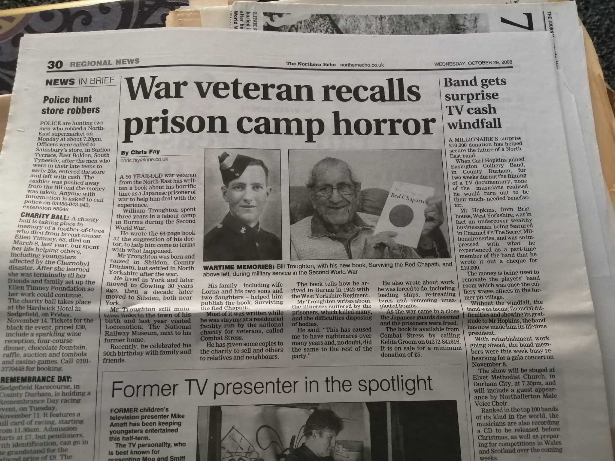The Northern Echo, Wednesday 29 October 2008: War veteran recalls prison camp horror, with photographs of Bill Troughton.