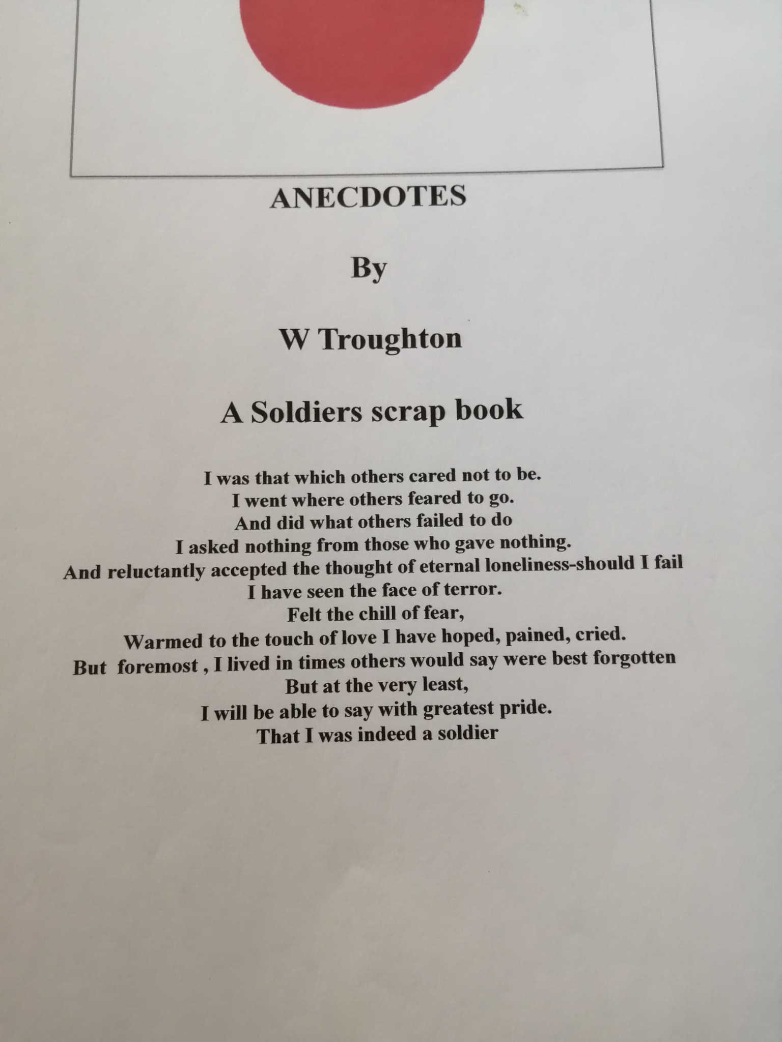 Bill Troughton’s handwritten page headed Anecdotes, subtitled A Soldier’s Scrap Book, containing a short poem.