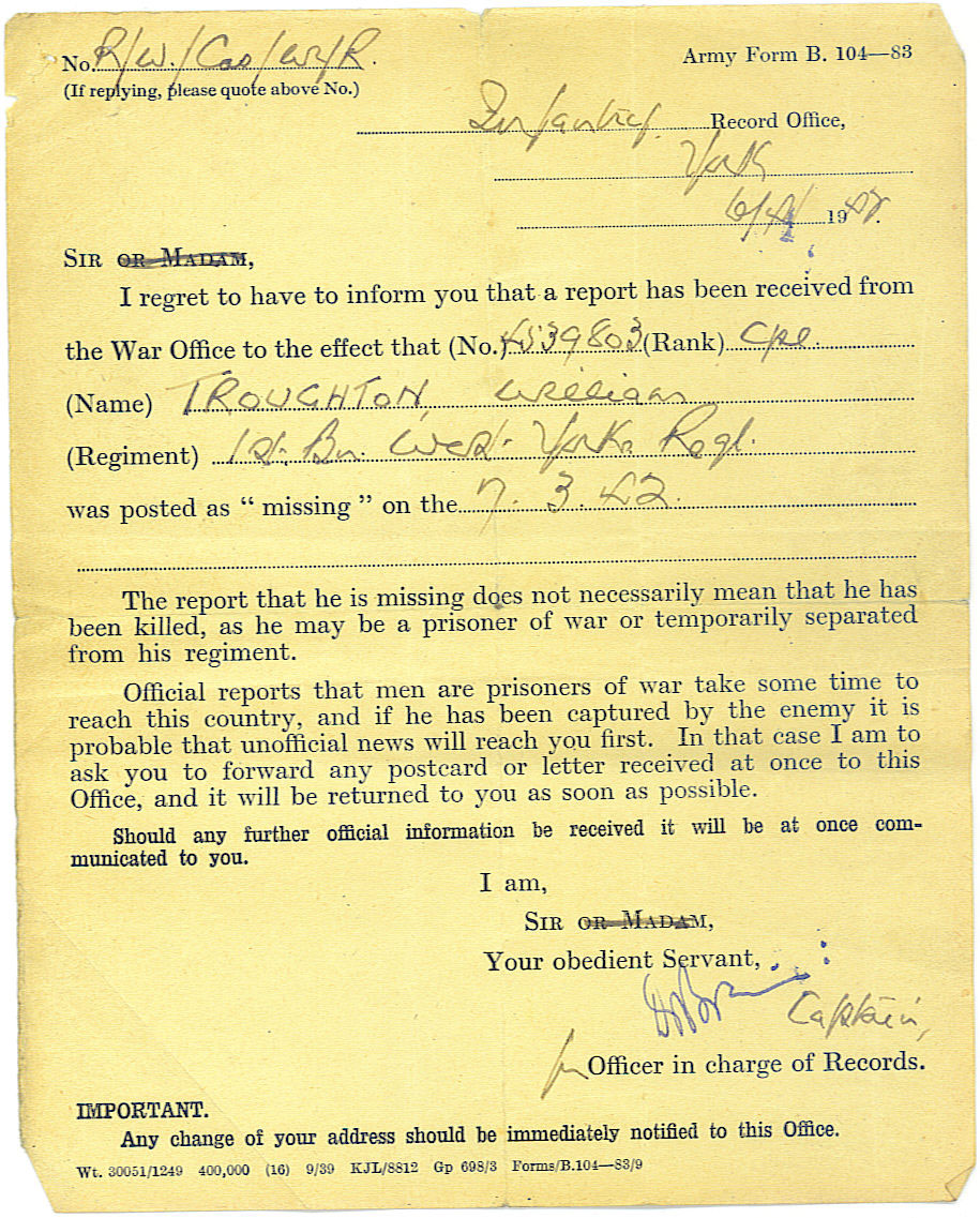 A War Office form, Army Form B.104-83, notifying the family that Cpl W. Troughton has been posted as missing.