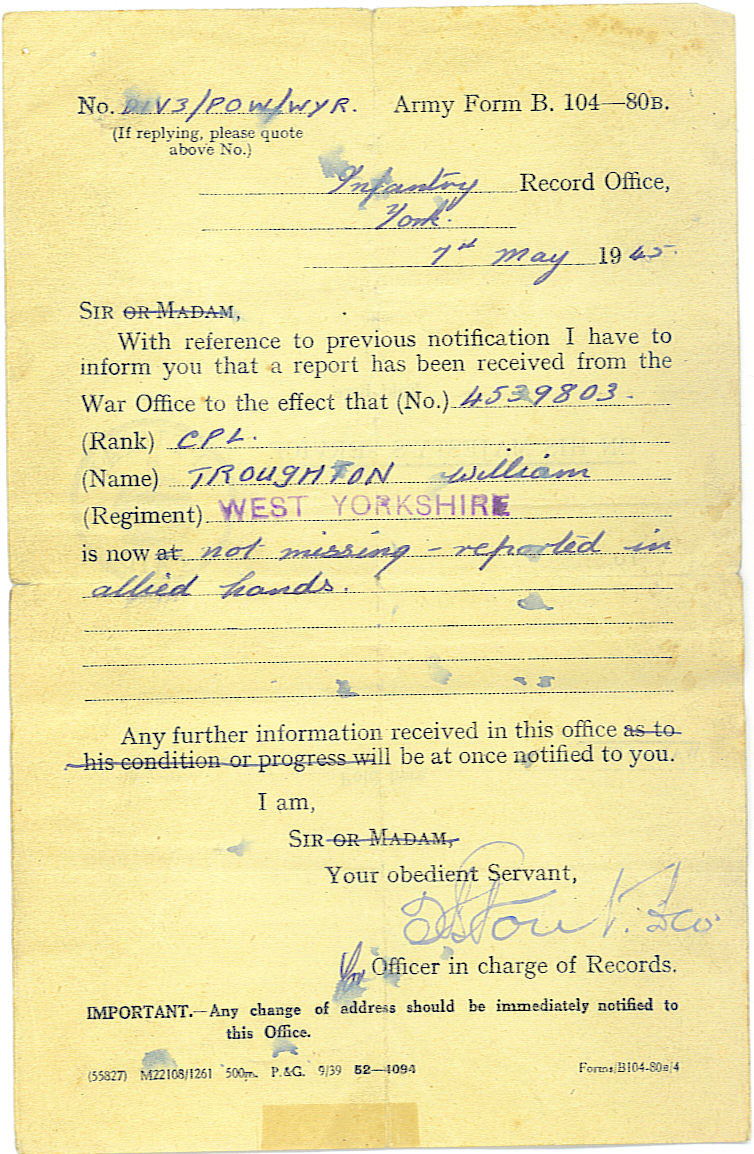 A War Office form, Army Form B.104-80B, dated 1 May 1945, reporting that Cpl Troughton is no longer missing and is in allied hands.