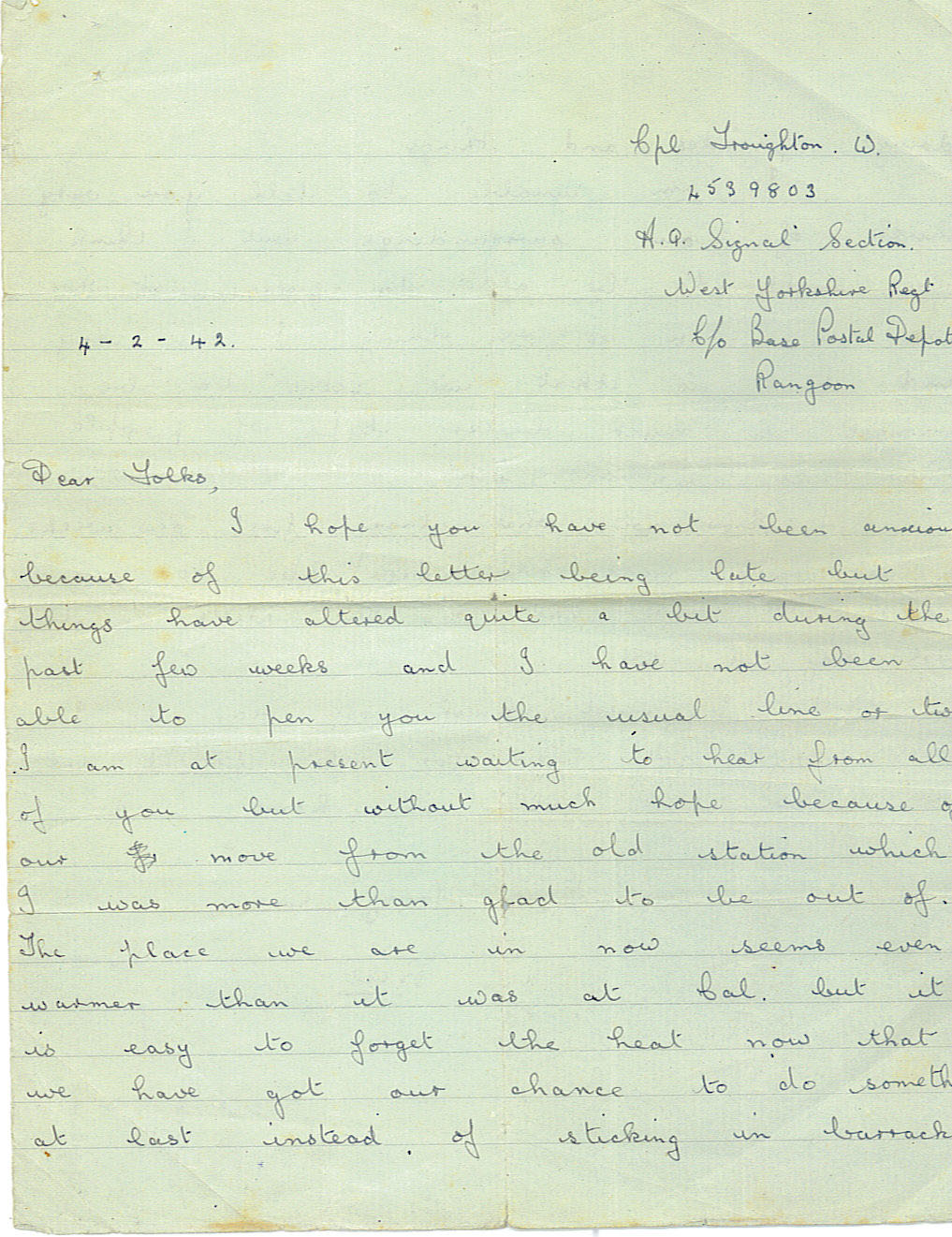 The first page of a handwritten letter from Bill, headed Rangoon and dated 4 February 1942, beginning Dear Folks.