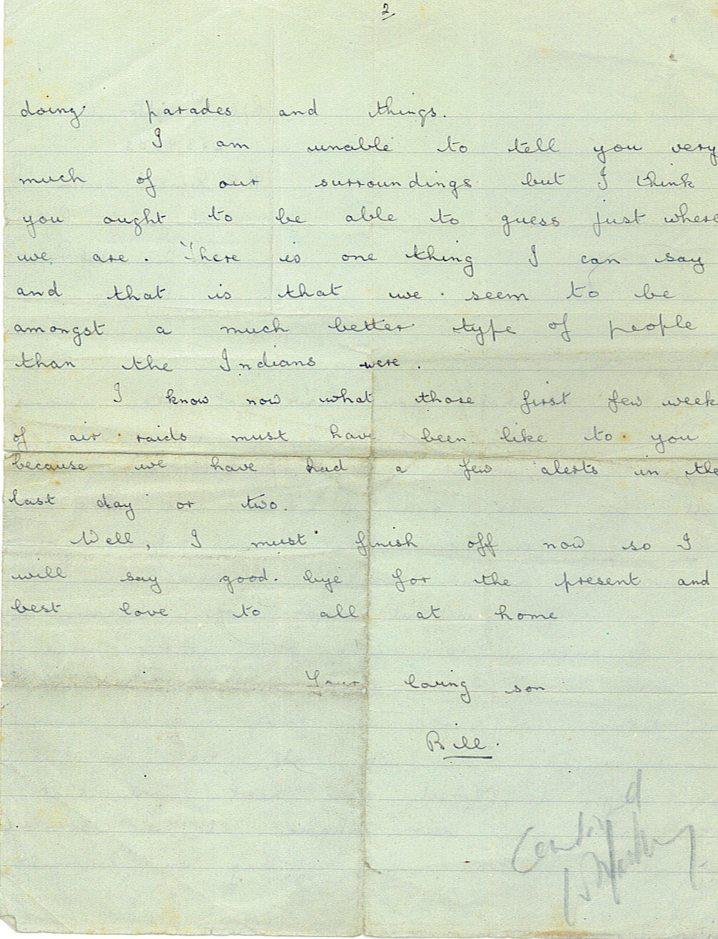 The second page of Bill's handwritten letter, ending with best love to all at home, your loving son, Bill.