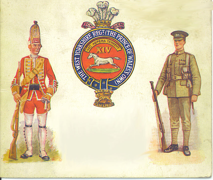 A colour illustration of the West Yorkshire Regiment crest, flanked by an eighteenth-century grenadier and a First World War soldier.